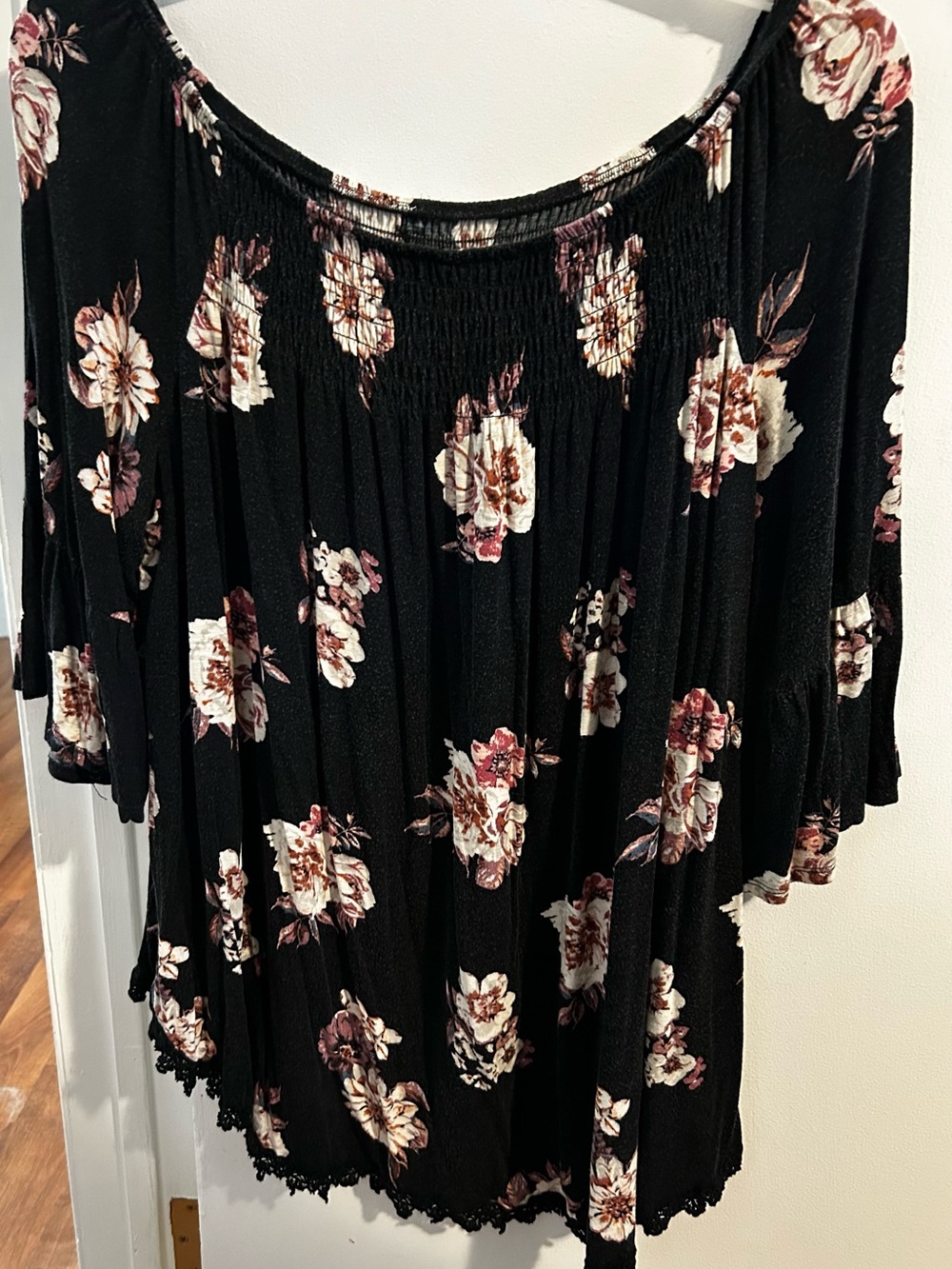 Cato Black Floral Smocked Off-Shoulder Blouse